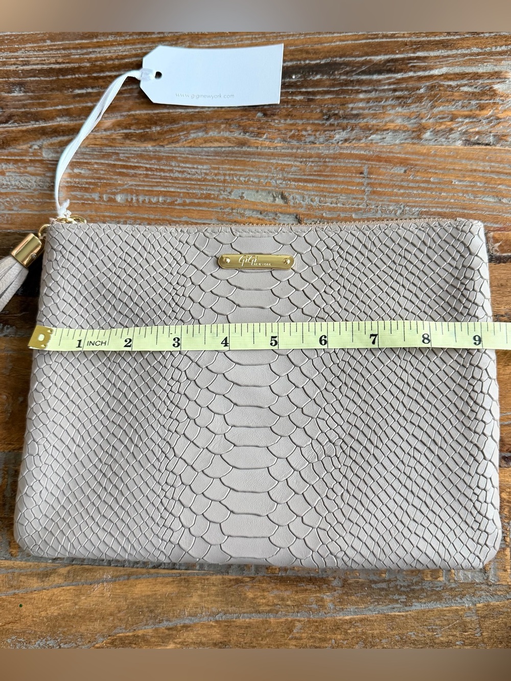 GiGi New York Light Taupe Snake-Embossed Leather Clutch with Tassel - Picture 14 of 15